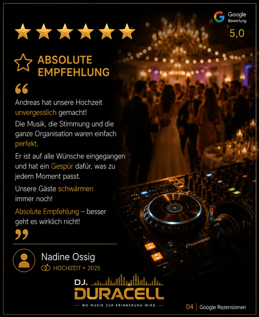 Google-Bewertung: Absolute Empfehlung – Bianca und Mareen empfehlen DJ Andreas für Hochzeiten