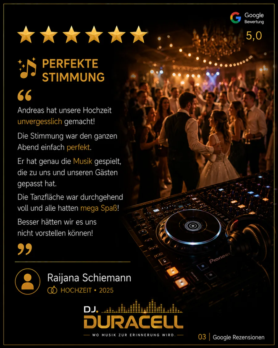 Google-Bewertung: Perfekte Stimmung – Diana und Heiko empfehlen DJ Andreas nach ihrer Hochzeit