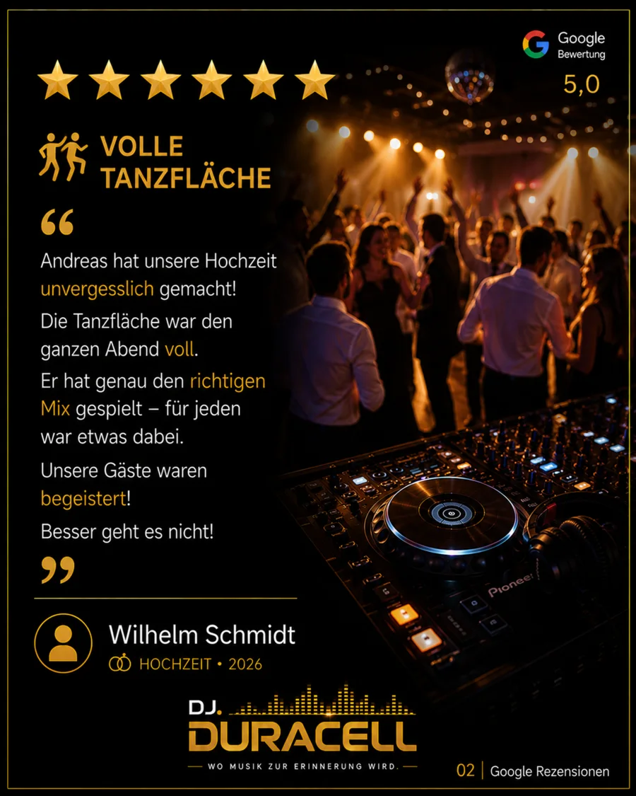 Google-Bewertung: Volle Tanzfläche – Birgit und Uwe loben die passende Musikauswahl und DJ Andreas